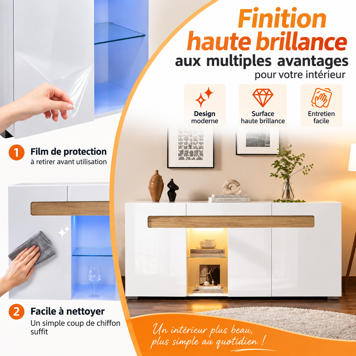 Buffet moderne blanc avec éclairage LED et finition effet bois