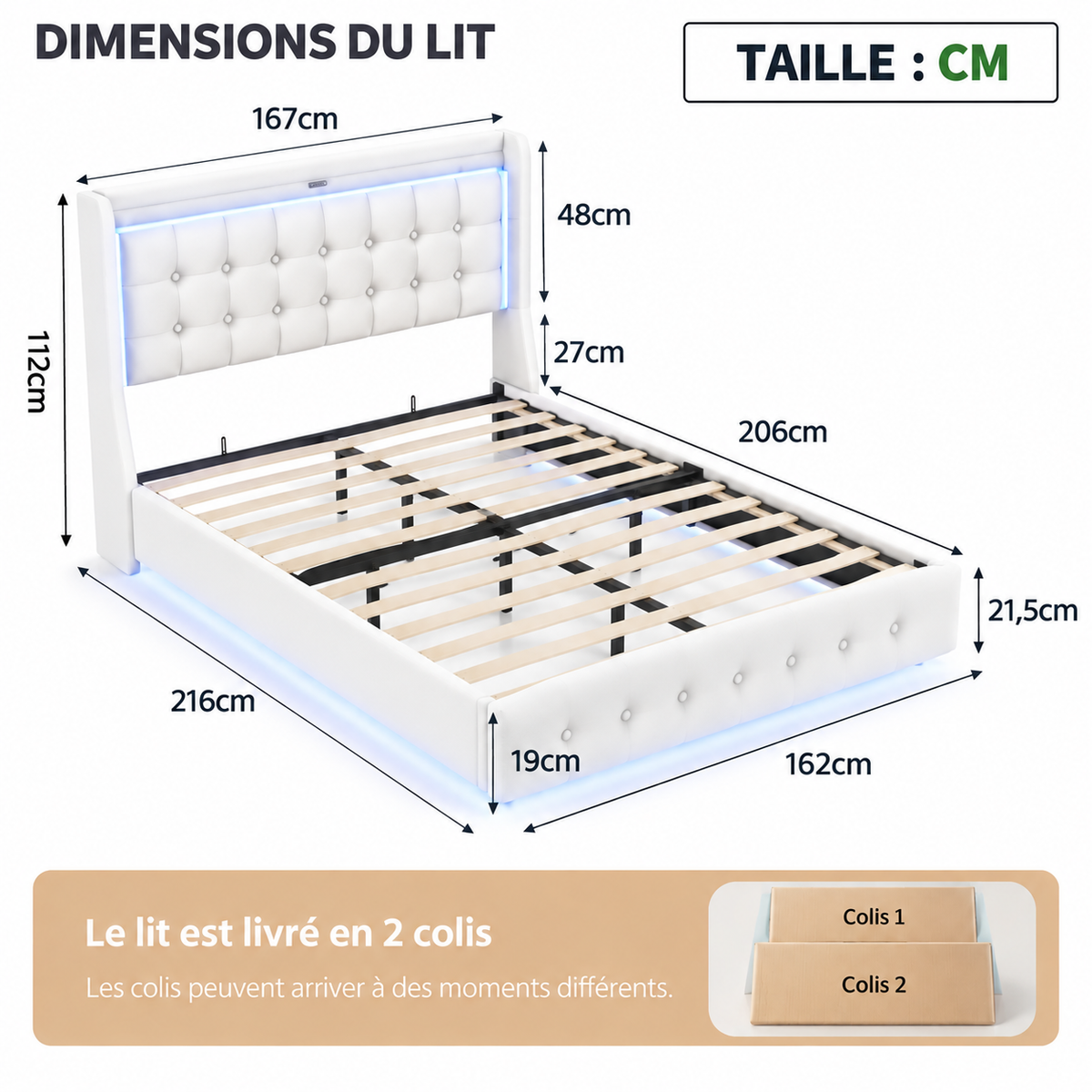 Lit Double Flottant Rembourré avec LED et Station de Recharge Intégrée