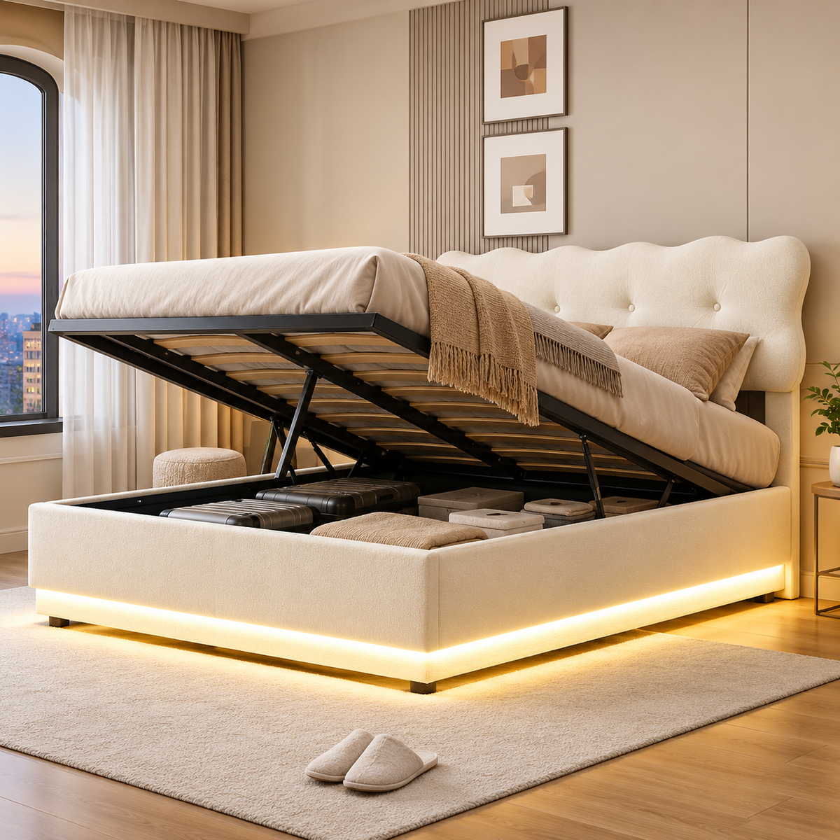 Lit coffre nuage rembourré avec rangement et éclairage LED RGB – Beige