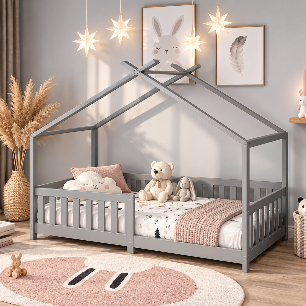 Lit Cabane Enfant Gris avec Barrières de Protection 90 x 200 cm