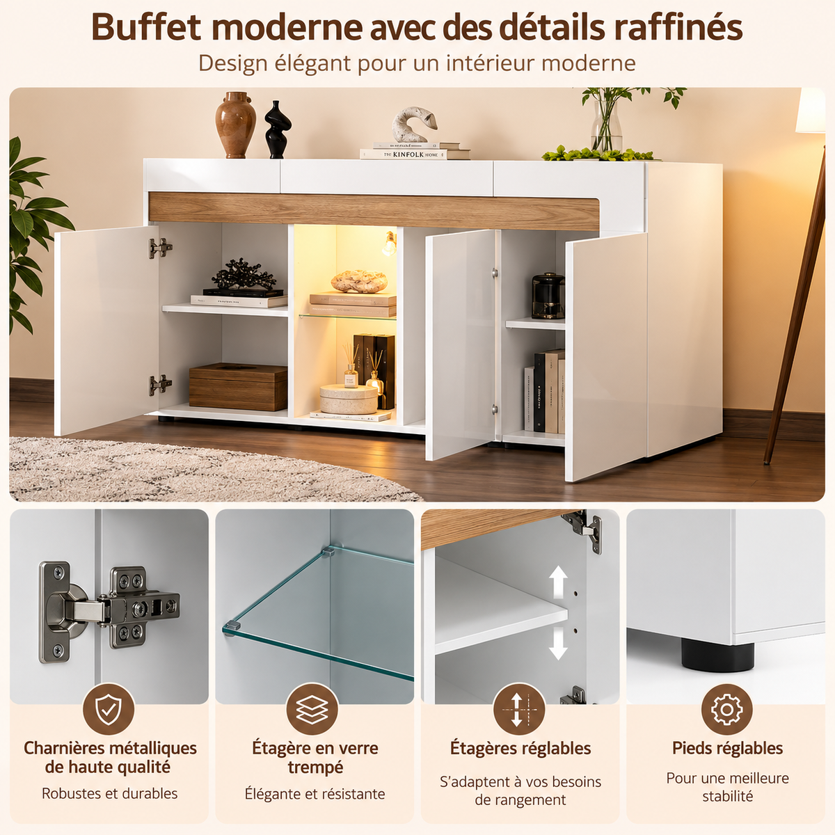 Buffet moderne blanc avec éclairage LED et finition effet bois