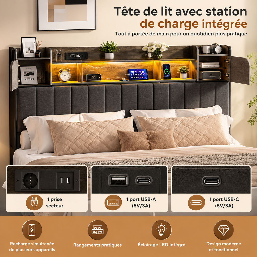 Lit double avec rangements, tête de lit multifonction et éclairage LED – Gris 160x200