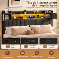 Lit double avec rangements, tête de lit multifonction et éclairage LED – Gris 160x200