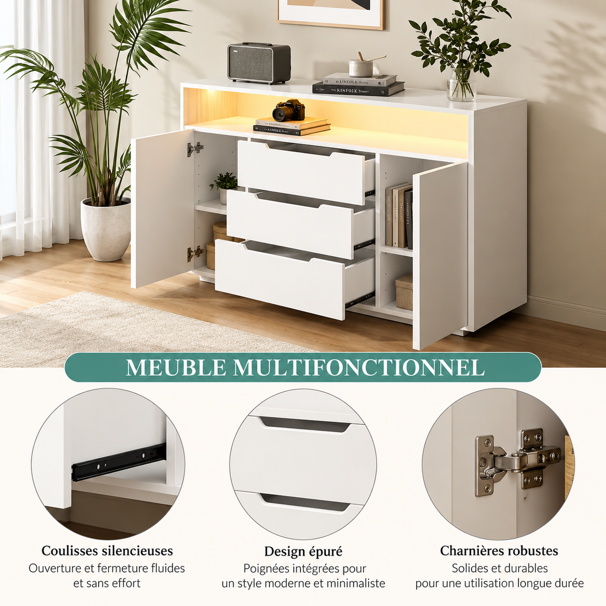 Commode moderne avec LED – 3 tiroirs et 2 portes