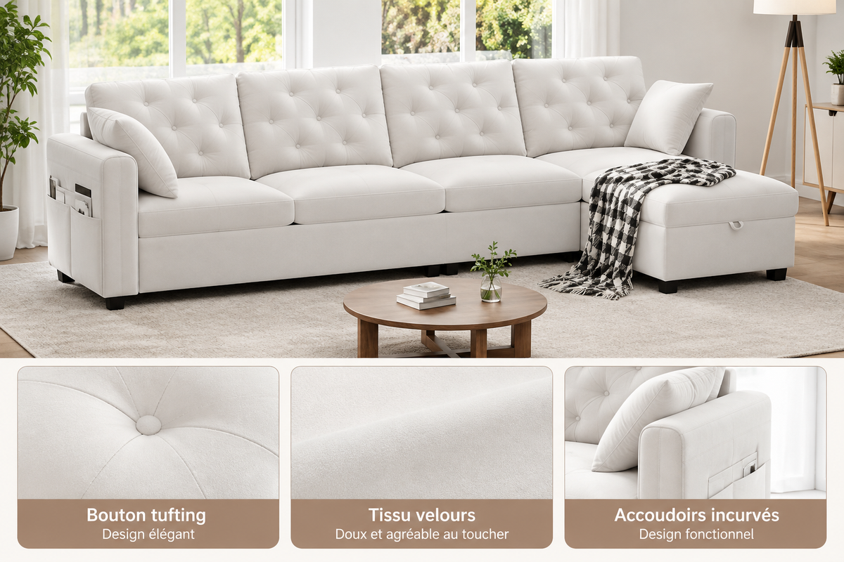 Canapé d’Angle en Velours Beige avec Méridienne et Coffre de Rangement 281 × 86 × 71  cm