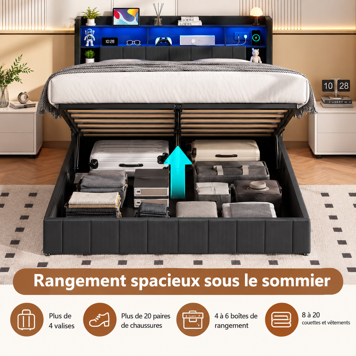 Lit coffre double en Lin avec LED RGB, rangements et ports USB – Noir 160x200