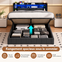 Lit coffre double en Lin avec LED RGB, rangements et ports USB – Noir 160x200