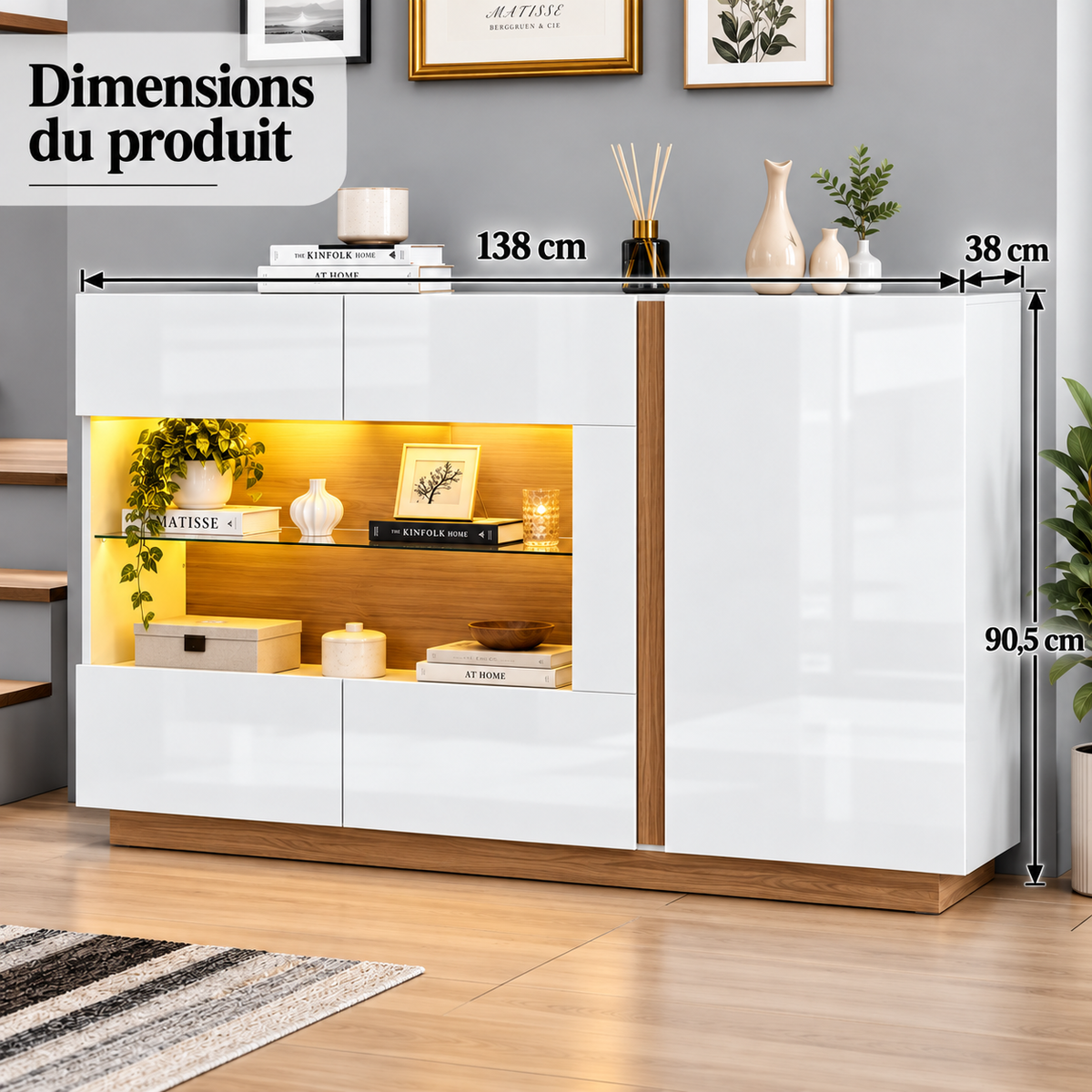 Buffet moderne blanc brillant avec LED – 138 cm