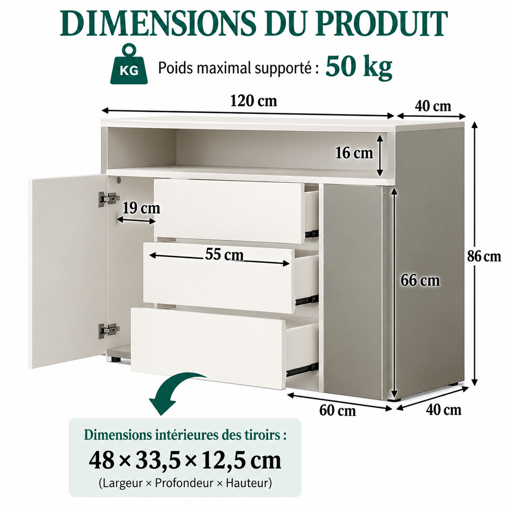 Commode moderne avec LED – 3 tiroirs et 2 portes