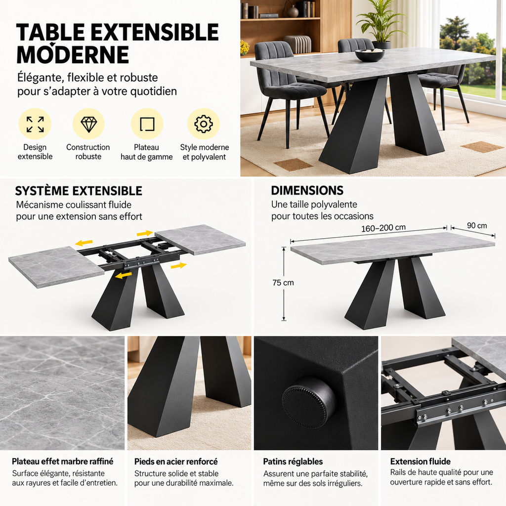 Table à manger extensible moderne effet marbre – 160 à 200 cm