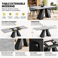 Table à manger extensible moderne effet marbre – 160 à 200 cm