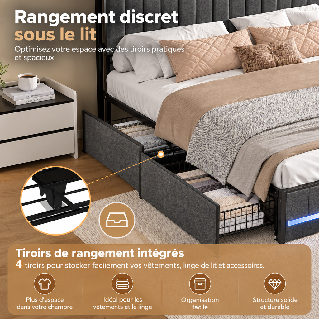 Lit double avec rangements, tête de lit multifonction et éclairage LED – Gris 160x200