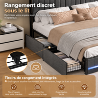 Lit double avec rangements, tête de lit multifonction et éclairage LED – Gris 160x200