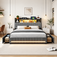 Lit double avec rangements, tête de lit multifonction et éclairage LED – Gris 160x200