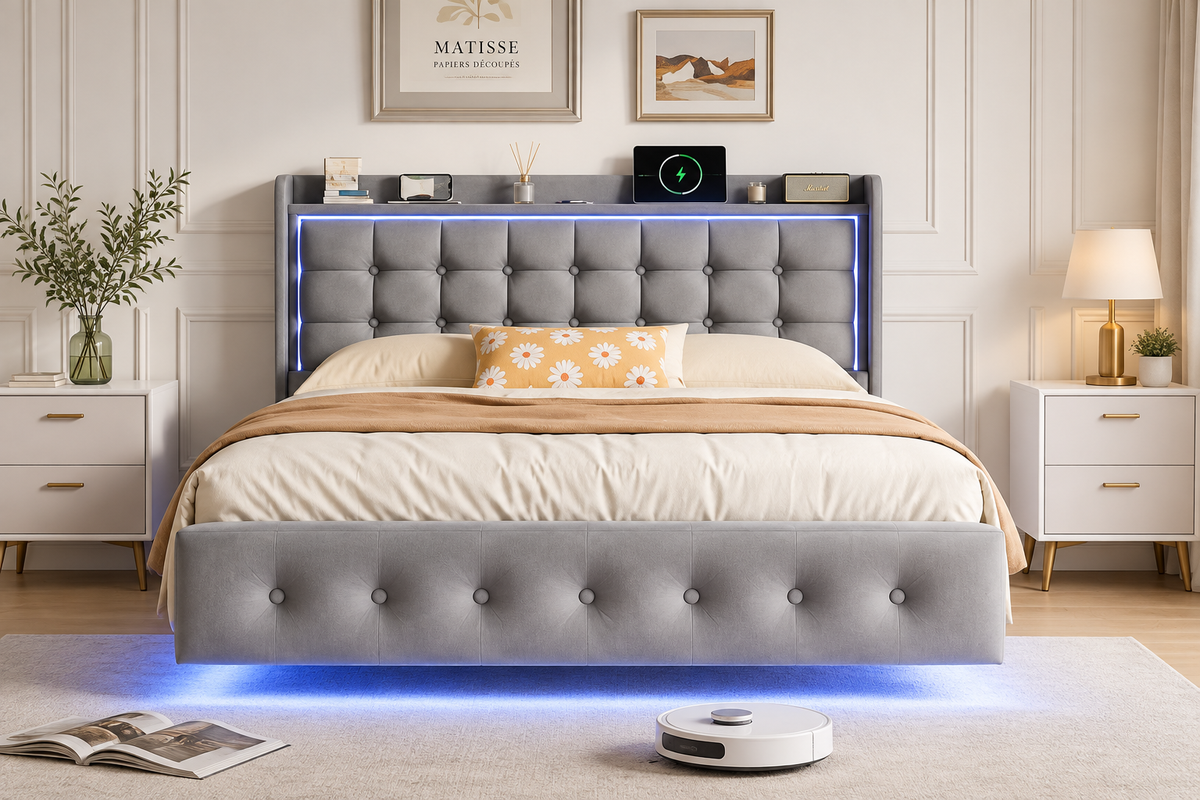 Lit Double Flottant Rembourré avec LED et Station de Recharge Intégrée