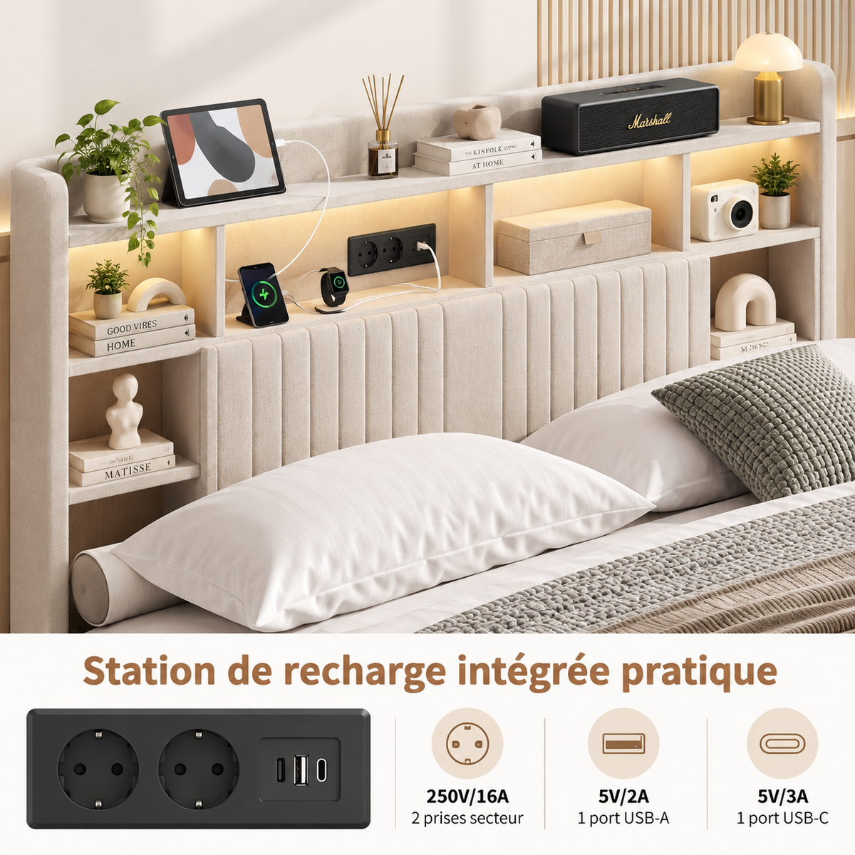 Lit coffre double en Lin avec LED RGB, rangements et ports USB – Beige