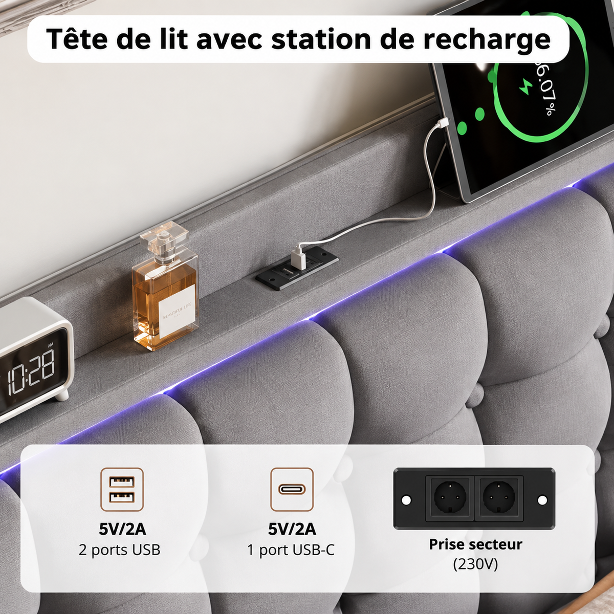Lit Double Flottant Rembourré avec LED et Station de Recharge Intégrée