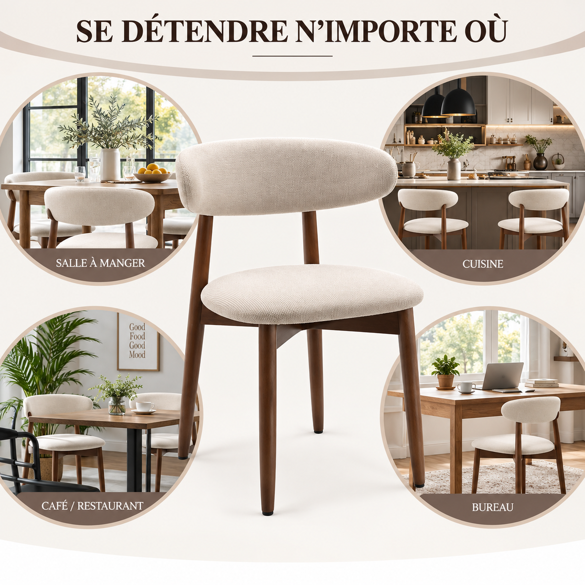Lot de 2 chaises de salle à manger rembourrées beige – Pieds effet bois