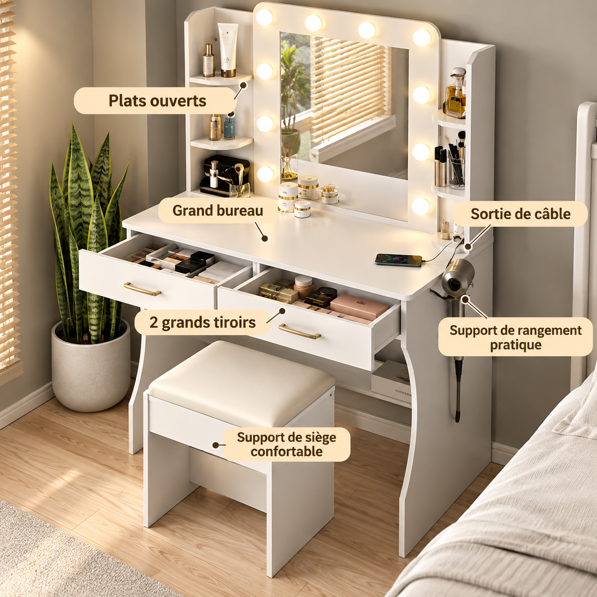Coiffeuse avec miroir LED, rangements et support sèche-cheveux et tabouret