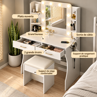 Coiffeuse avec miroir LED, rangements et support sèche-cheveux et tabouret