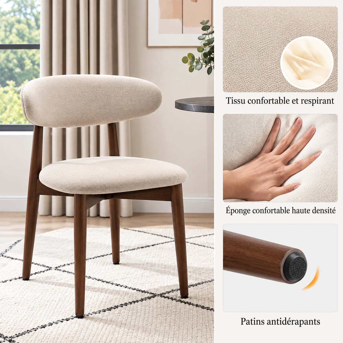 Lot de 2 chaises de salle à manger rembourrées beige – Pieds effet bois