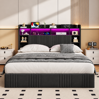 Lit coffre double en Lin avec LED RGB, rangements et ports USB – Noir 160x200