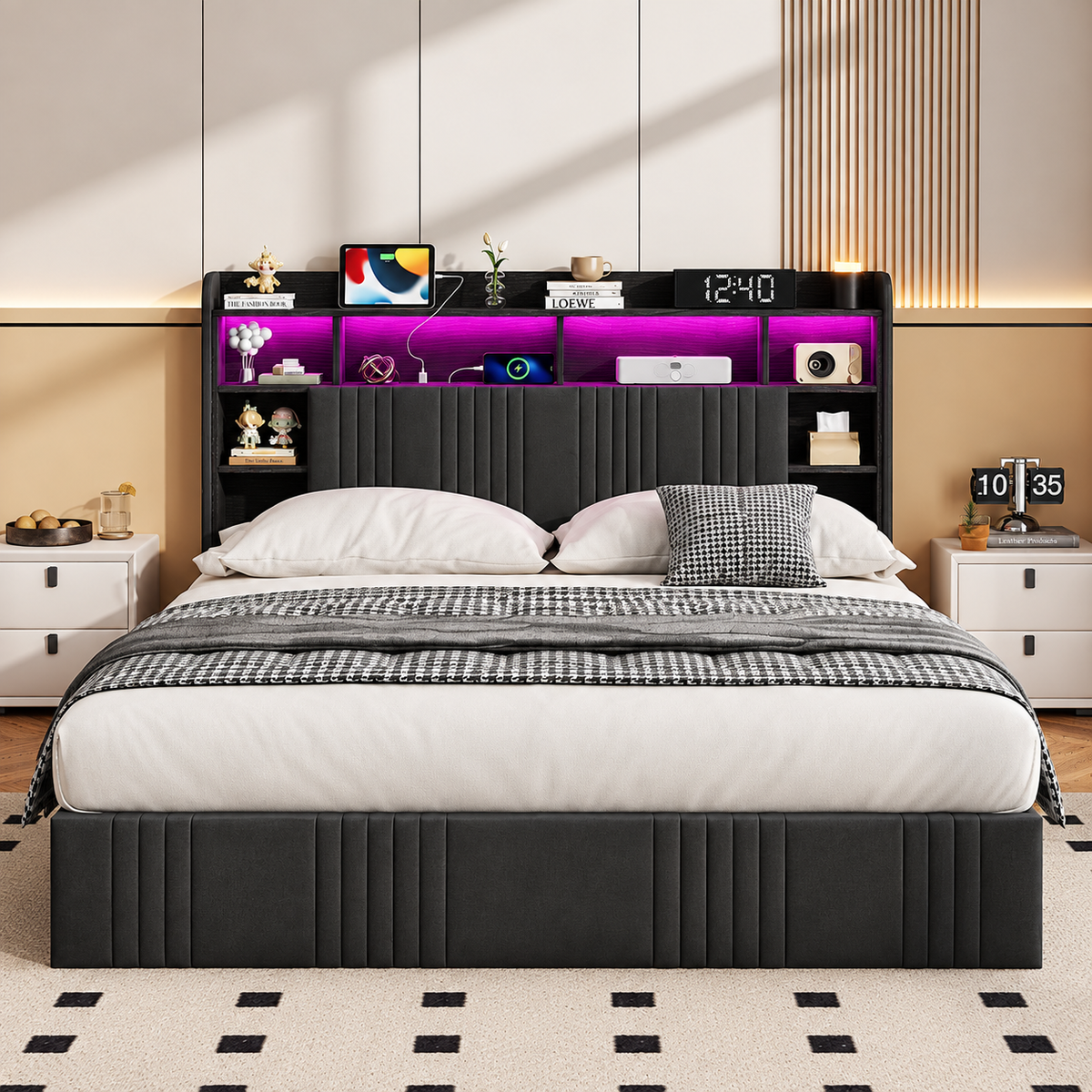 Lit coffre double en Lin avec LED RGB, rangements et ports USB – Noir 160x200