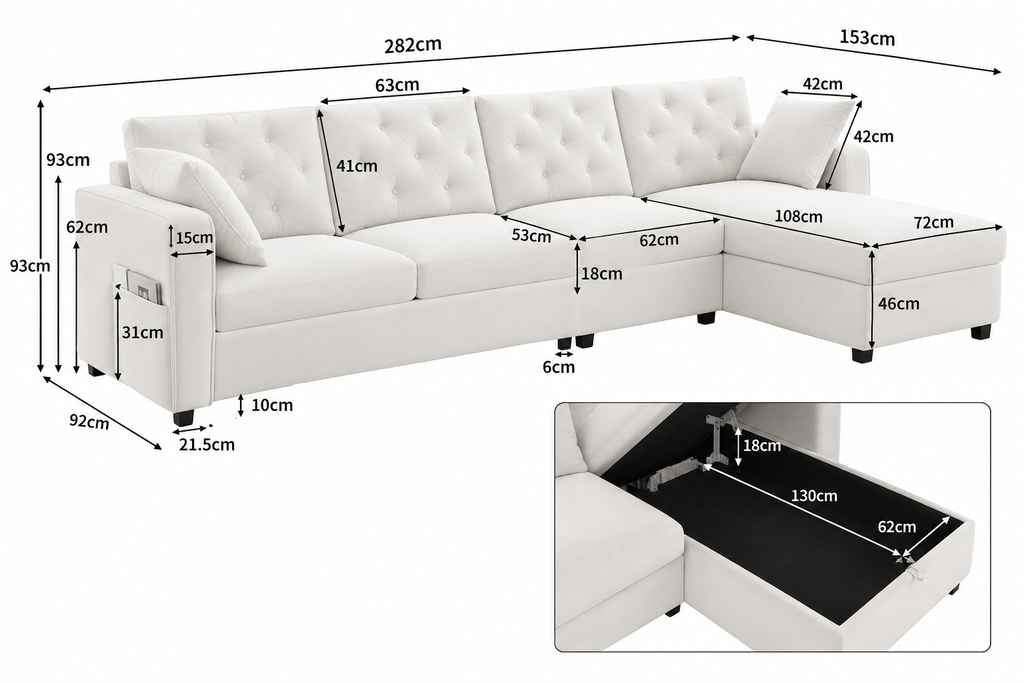 Canapé d’Angle en Velours Beige avec Méridienne et Coffre de Rangement 281 × 86 × 71  cm