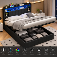 Lit coffre double en Lin avec LED RGB, rangements et ports USB – Noir 160x200