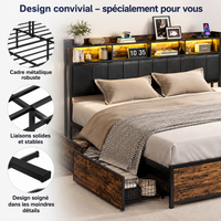 Lit double avec rangements, tête de lit LED et structure métal – Bois & Noir 180x200