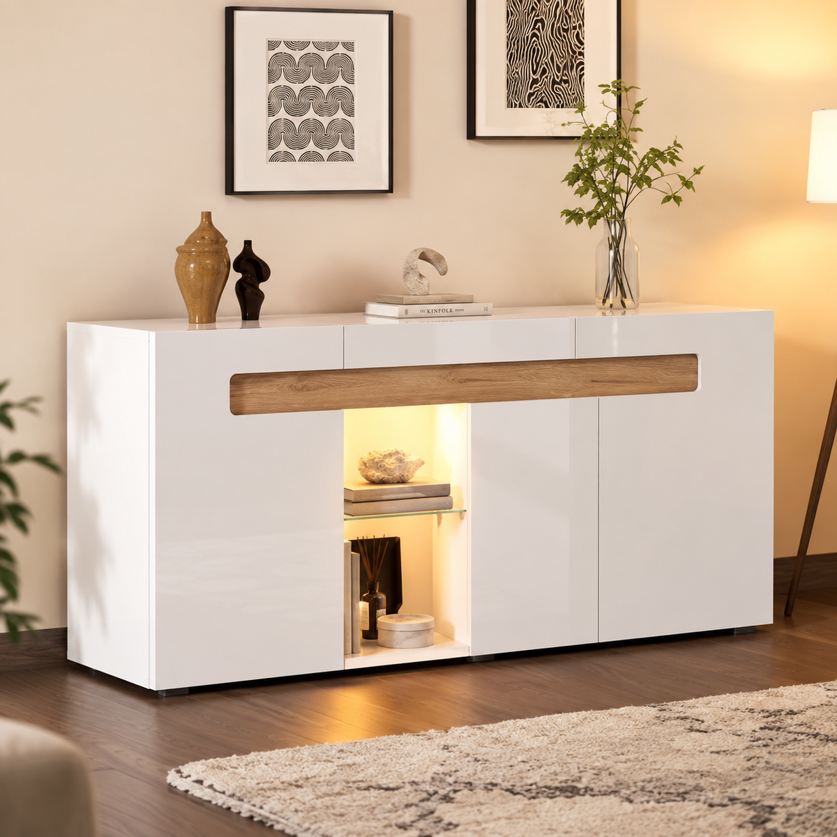 Buffet moderne blanc avec éclairage LED et finition effet bois