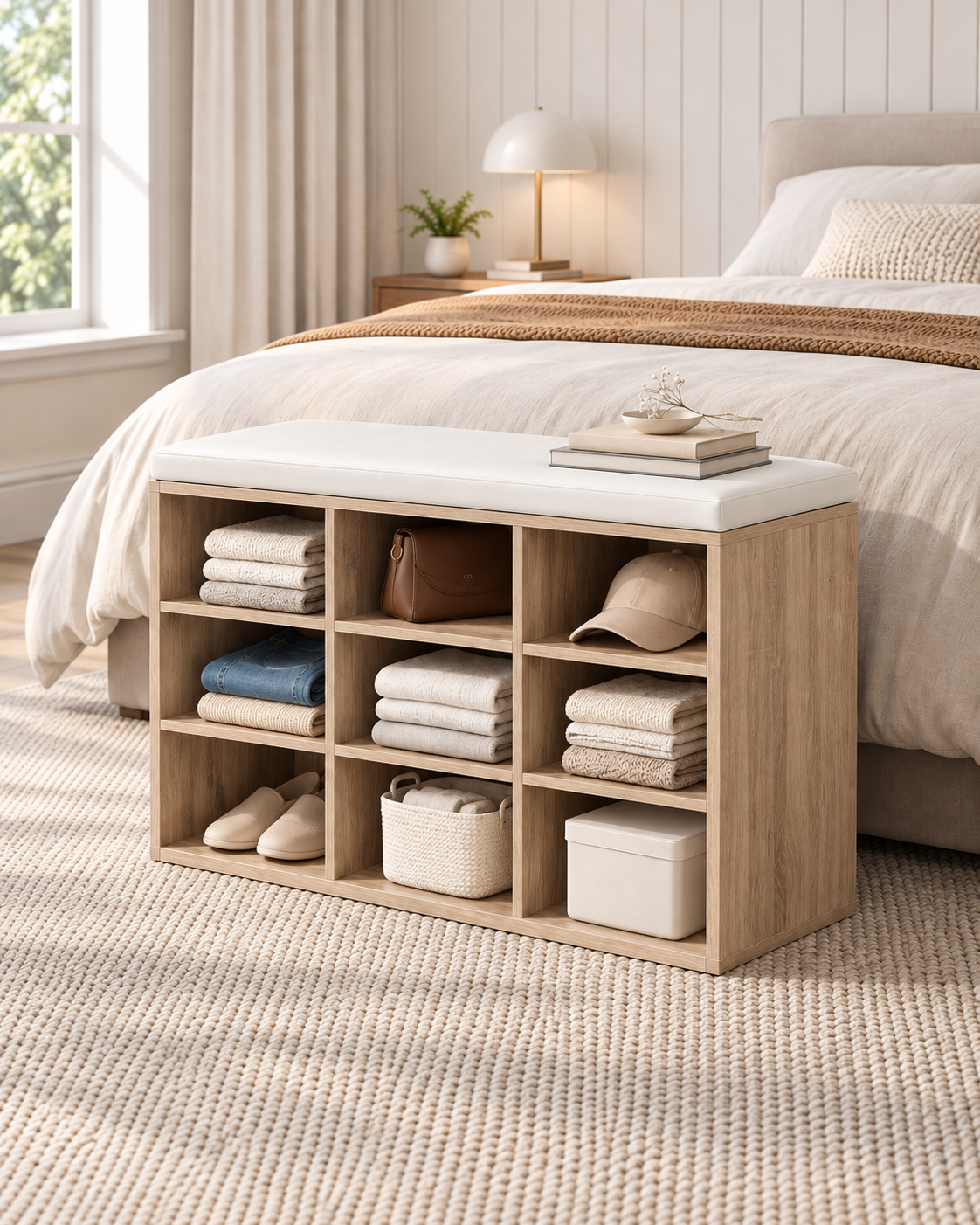 Banc à Chaussures avec Assise Rembourrée et 9 Compartiments