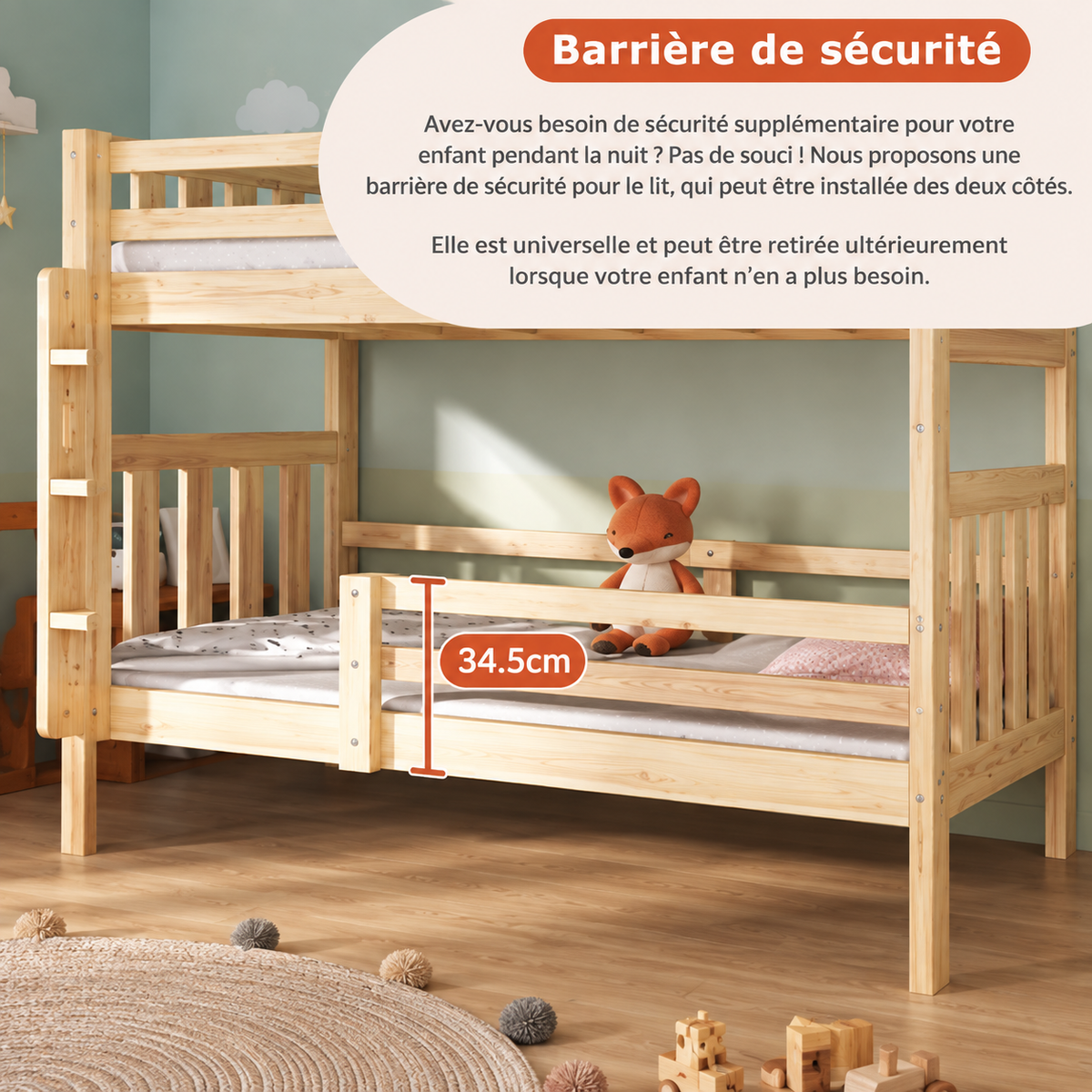 Lit Superposé Enfant en Bois 90x190 cm Convertible en 2 Lits Simples