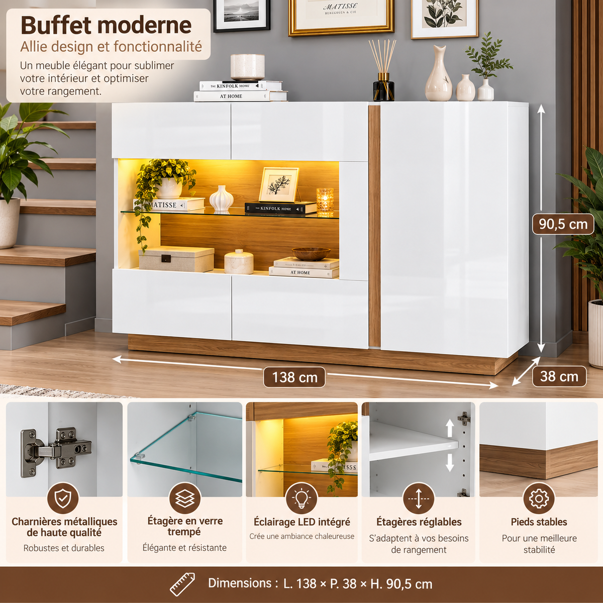 Buffet moderne blanc brillant avec LED – 138 cm