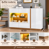 Buffet moderne blanc brillant avec LED – 138 cm