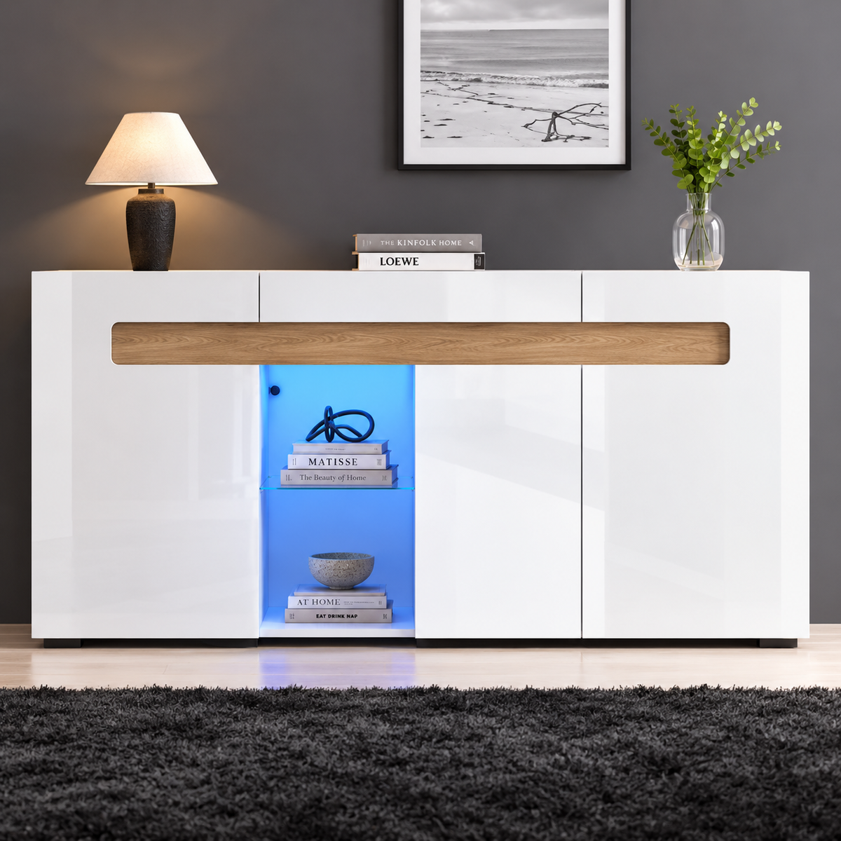 Buffet moderne blanc avec éclairage LED et finition effet bois