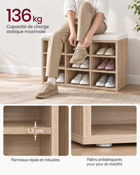 Banc à Chaussures avec Assise Rembourrée et 9 Compartiments