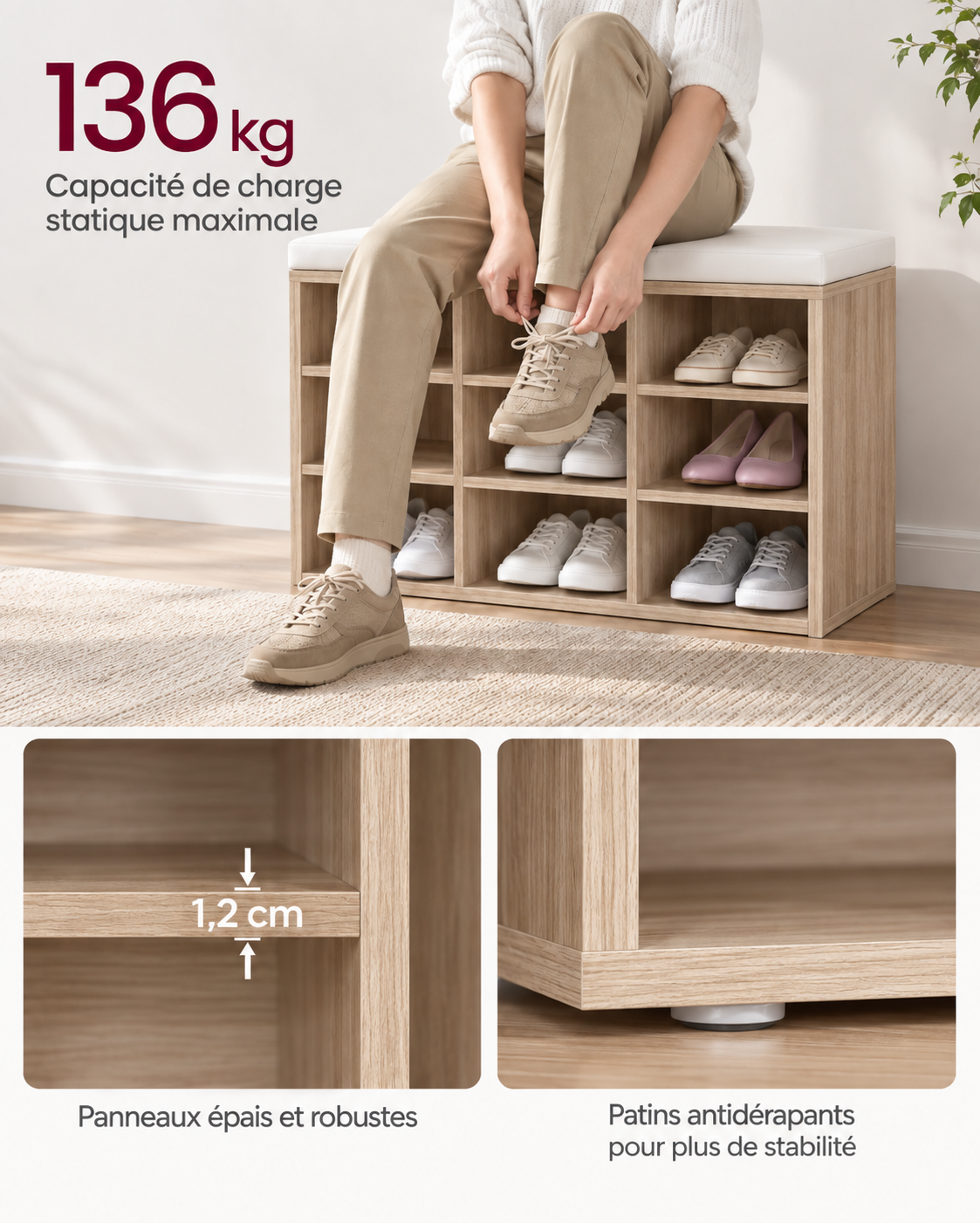 Banc à Chaussures avec Assise Rembourrée et 9 Compartiments