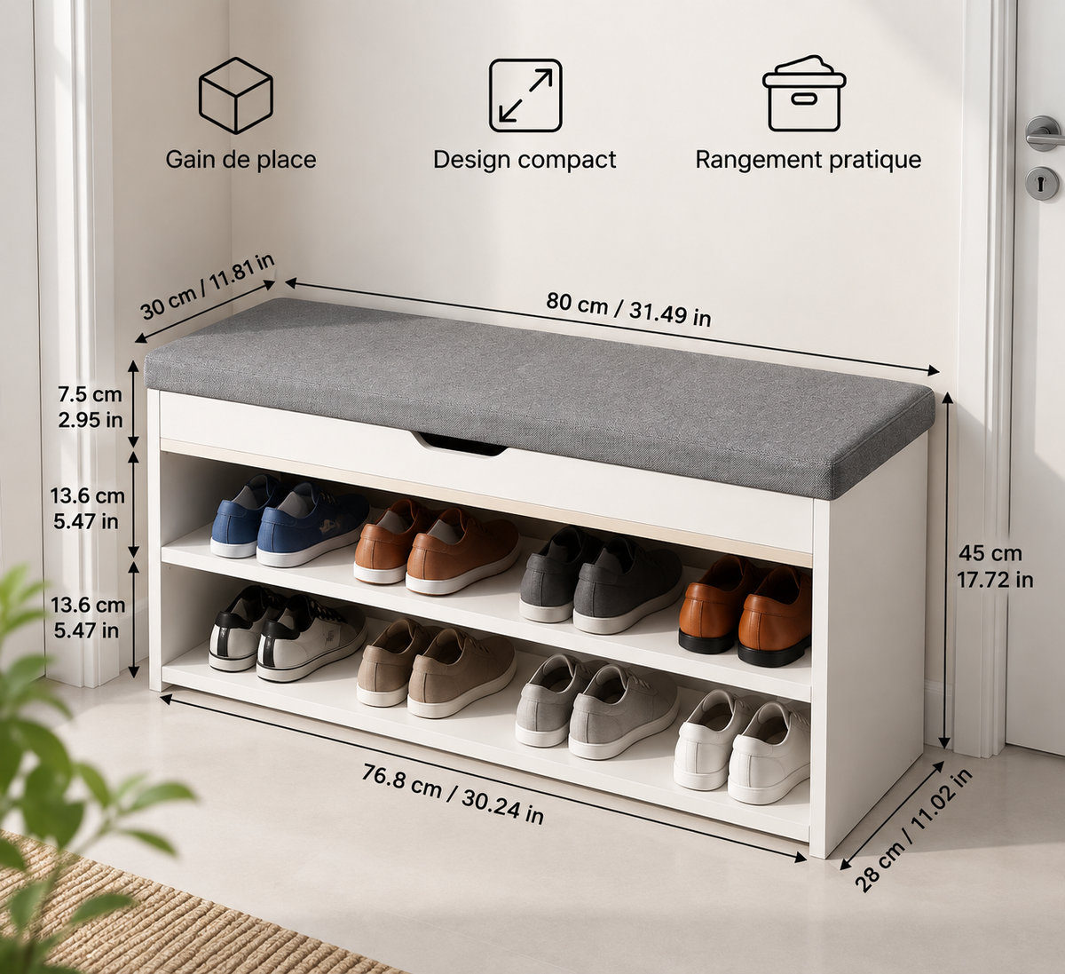 Banc à Chaussures avec Assise Rembourrée et Rangement