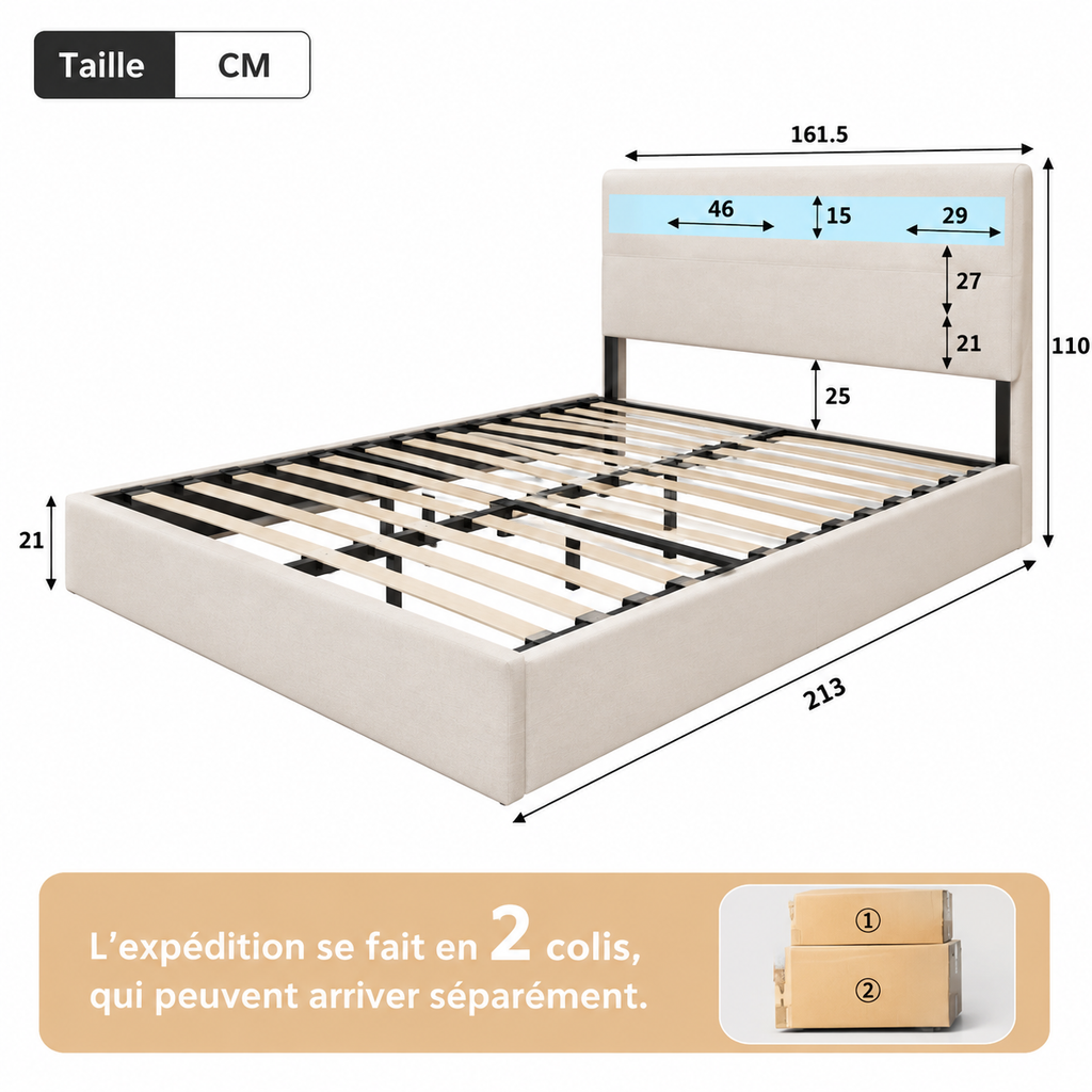 Lit coffre double en Lin avec LED RGB, rangements et ports USB – Beige