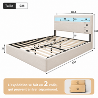 Lit coffre double en Lin avec LED RGB, rangements et ports USB – Beige