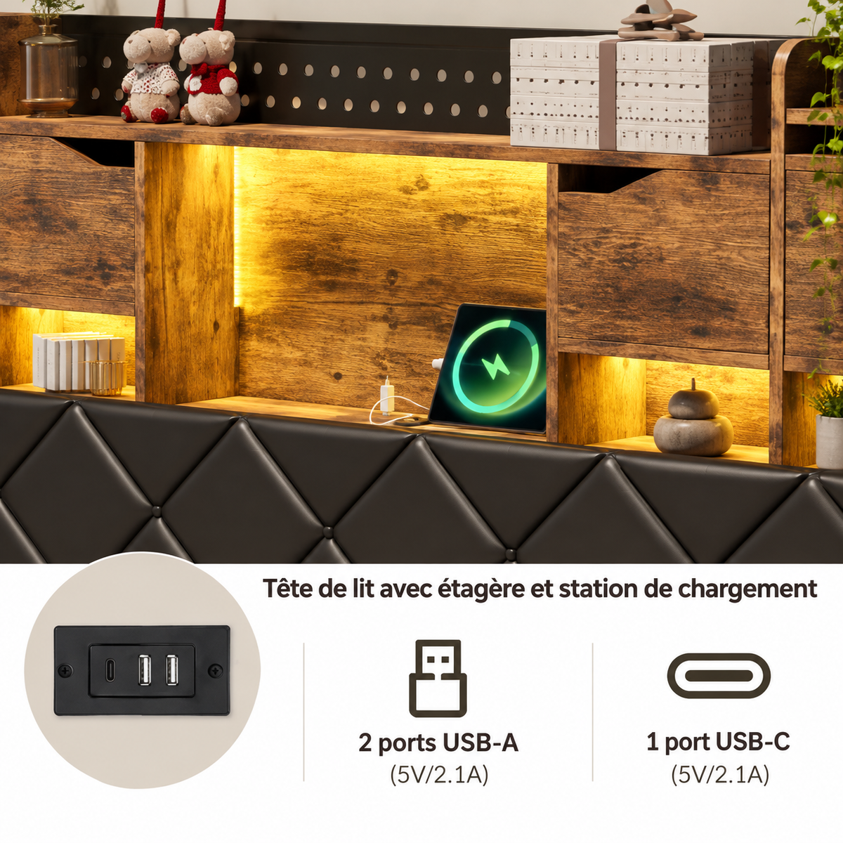 Lit Double 160x200 avec Tête de Lit Rangement et LED – Bois Brun & Noir
