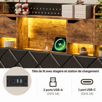 Lit Double 160x200 avec Tête de Lit Rangement et LED – Bois Brun & Noir