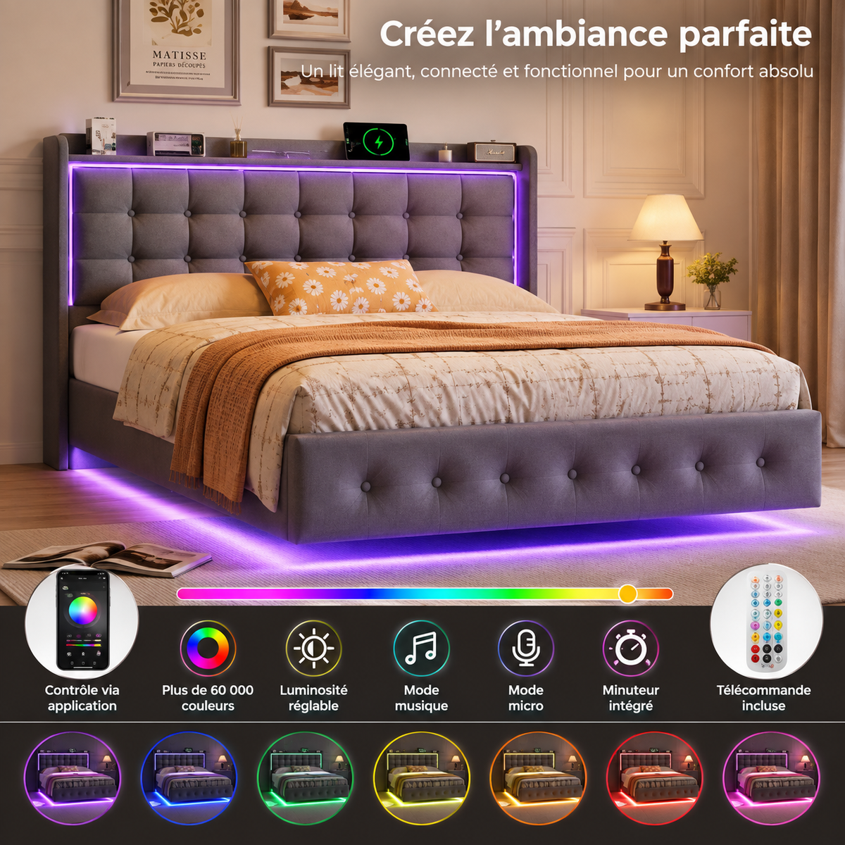 Lit Double Flottant Rembourré avec LED et Station de Recharge Intégrée