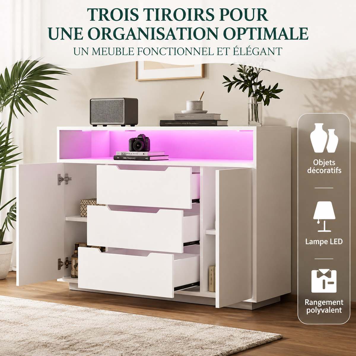 Commode moderne avec LED – 3 tiroirs et 2 portes