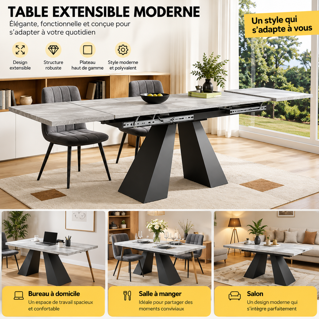 Table à manger extensible moderne effet marbre – 160 à 200 cm
