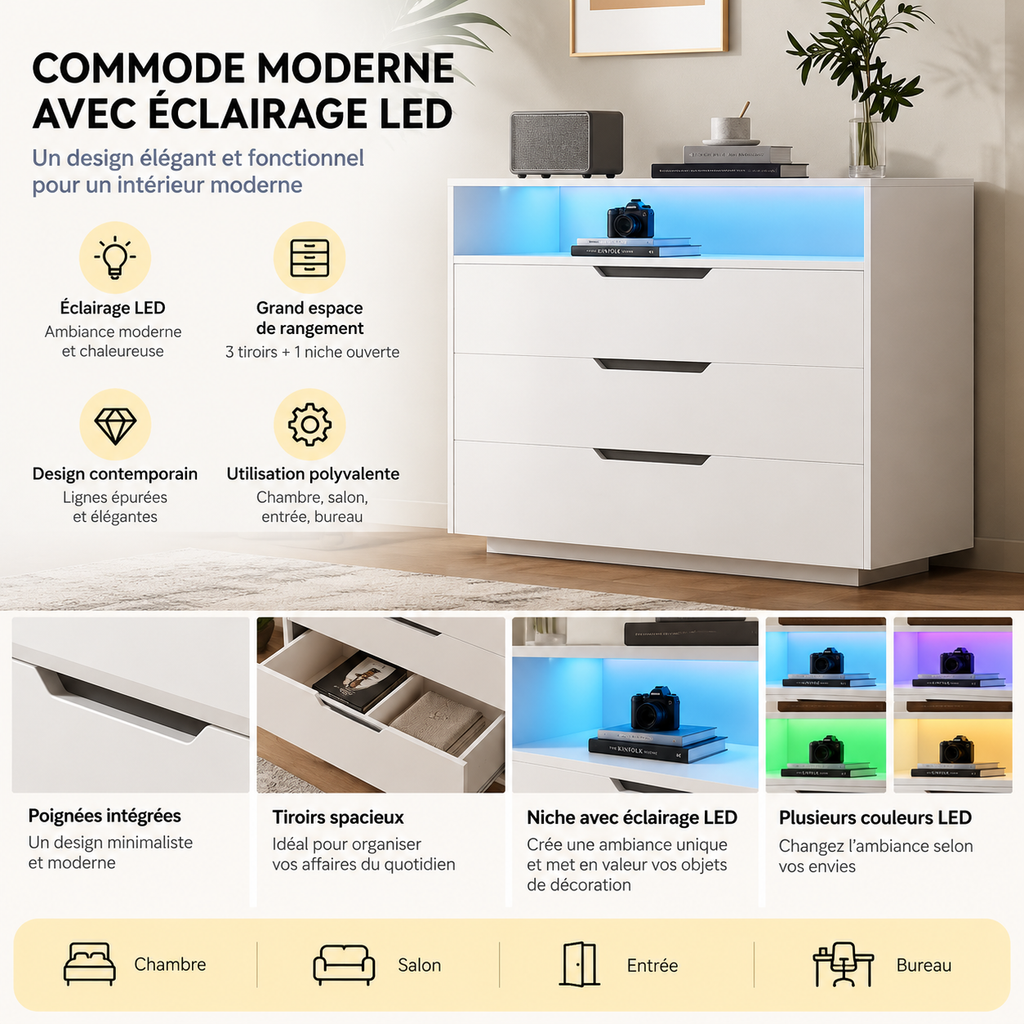 Commode moderne avec LED – 3 tiroirs et 2 portes