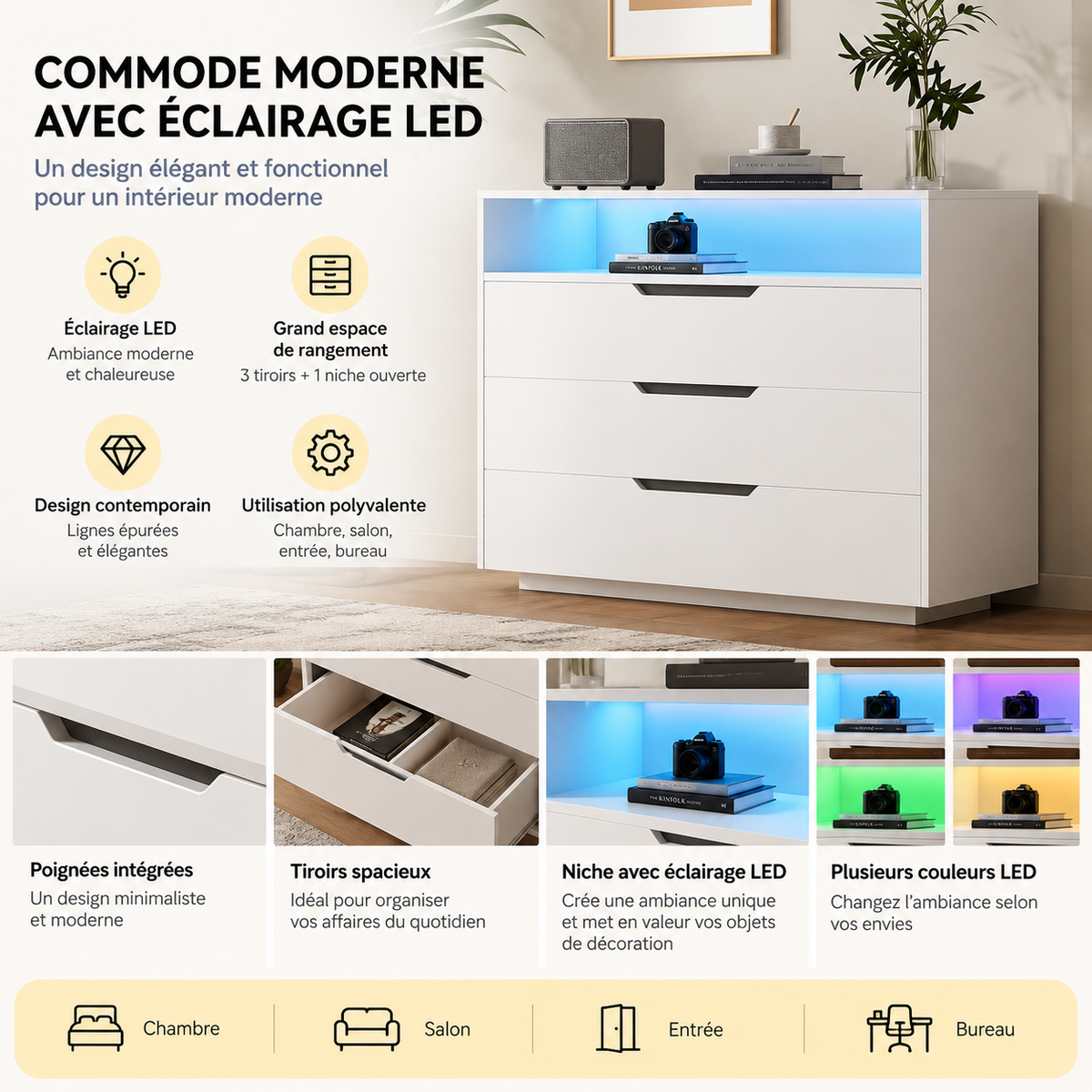 Commode moderne avec LED – 3 tiroirs et 2 portes