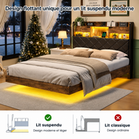 Lit Double 160x200 avec Tête de Lit Rangement et LED – Bois Brun & Noir