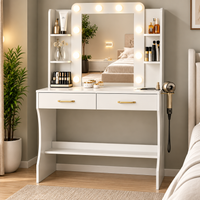 Coiffeuse avec miroir LED, rangements et support sèche-cheveux et tabouret